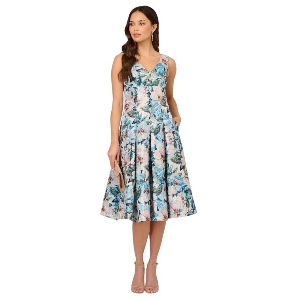 Adrianna Papell Womens 4 Blue Floral Textured Midi Dress Sleeveless Pockets NWT